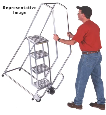 Ballymore Tilt & Roll 4-Step Aluminum Rolling Ladder, 30" base, 10" top step, with handrails