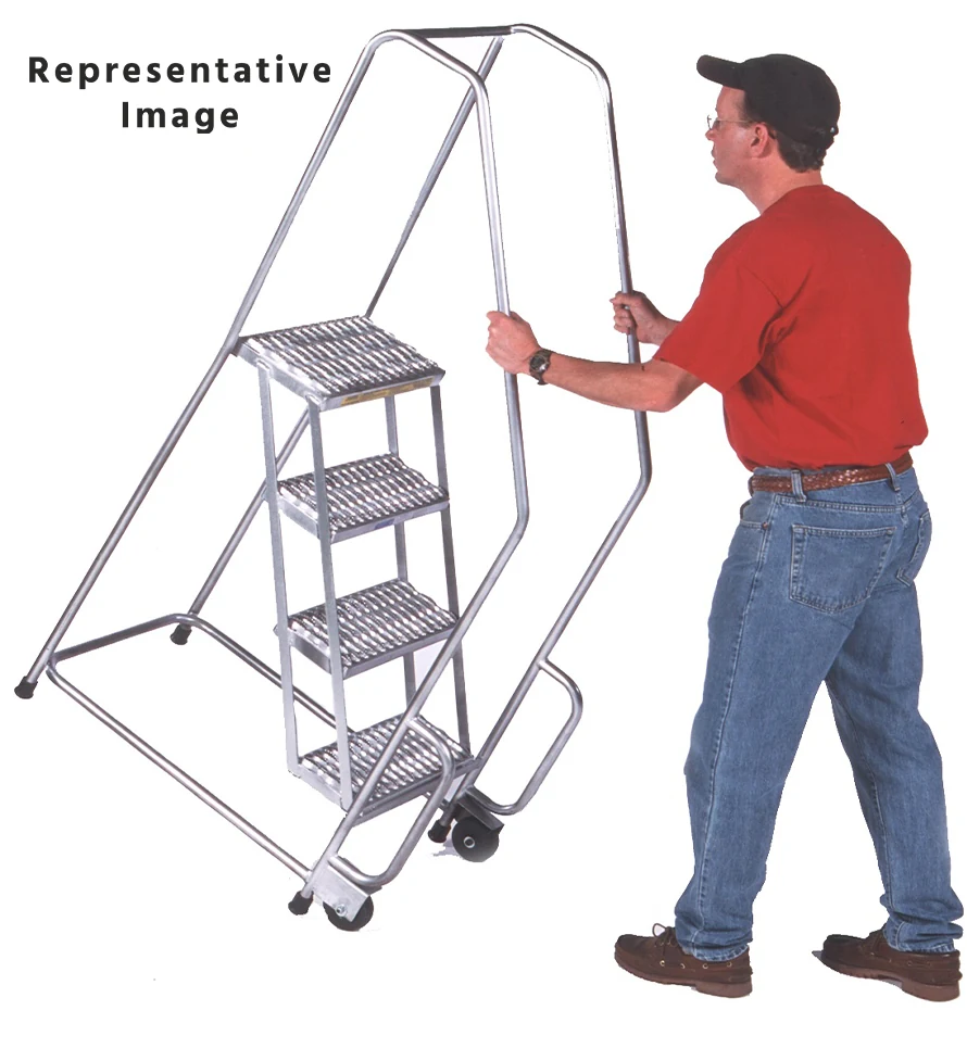 Ballymore Tilt & Roll 4-Step Aluminum Rolling Ladder, 30" base, 10" top step, with handrails