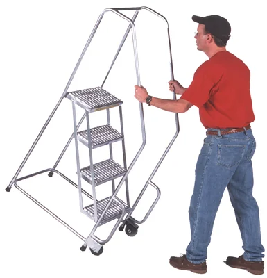 Ballymore Tilt & Roll 4-Step Aluminum Rolling Ladder, 20" base, 10" top step, with handrails