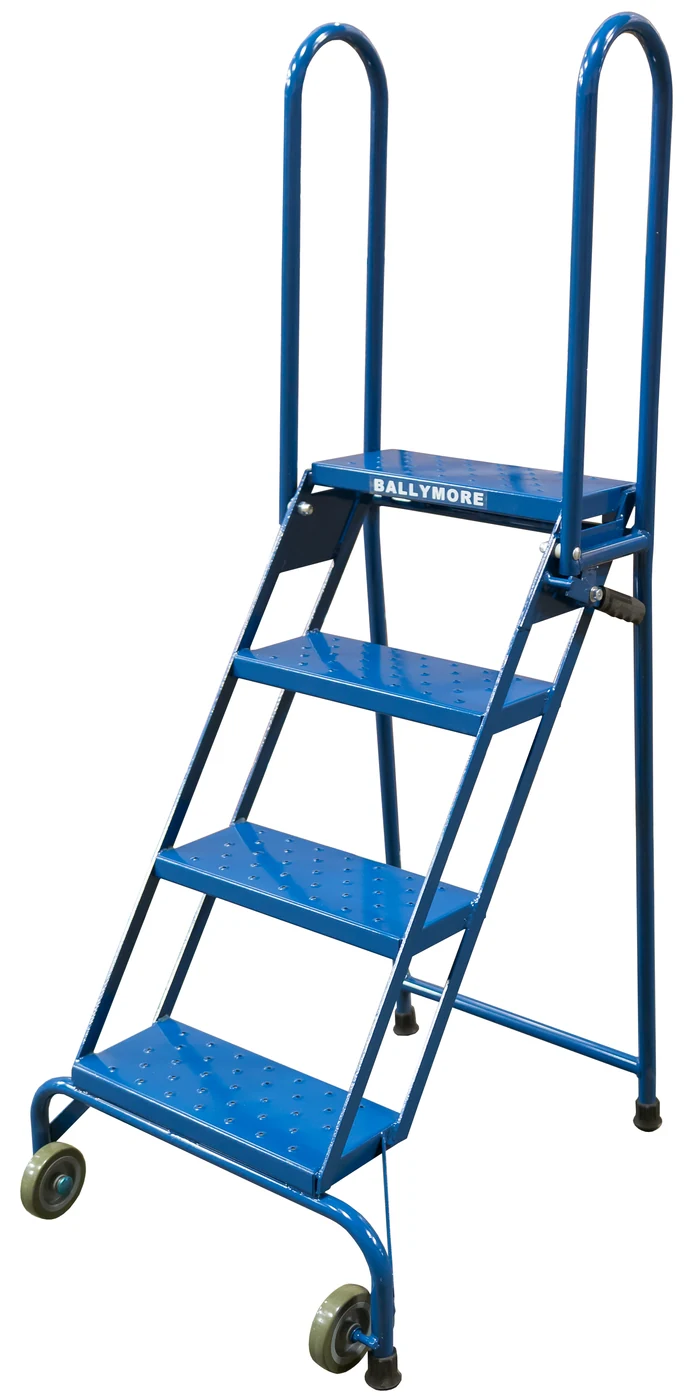 Ballymore Lock-N-Stock 4-Step Aluminum Rolling Ladder, 24" base, 7" top step, perforated tread, factory setup