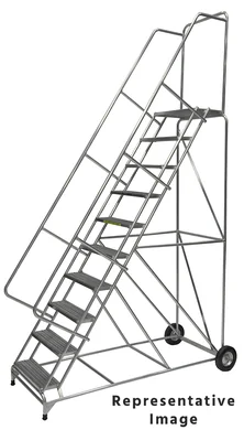 Ballymore 10-Step Aluminum Rolling Ladder, 30" base, 28" top step, 24" wide steps, 02" wide steps