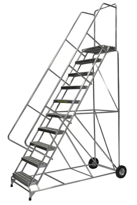 Ballymore 10-Step Aluminum Rolling Ladder, 36" base, 14" top step, 24" wide steps