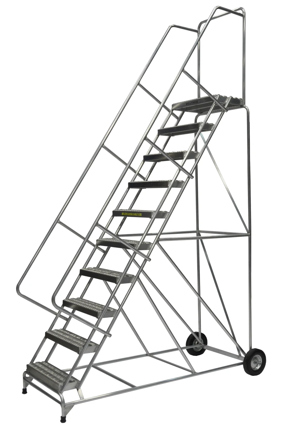 Ballymore 10-Step Aluminum Rolling Ladder, 36" base, 14" top step, 24" wide steps