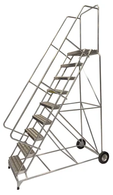 Ballymore 9-Step Aluminum Rolling Ladder, 36" base, 14" top step, 18" wide steps