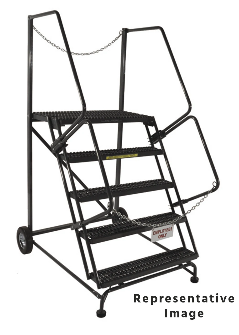 Ballymore Truck & Dock Access 50° Stairway Slope 5-Step Rolling Ladder, CAL-OSHA, 32" base, 21" top step, serrated tread
