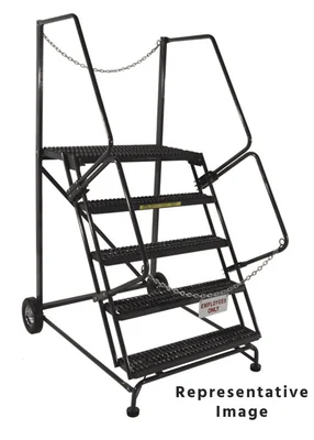Ballymore Truck & Dock Access 50° Stairway Slope 5-Step Rolling Ladder, CAL-OSHA, 44" base, 21" top step, serrated tread