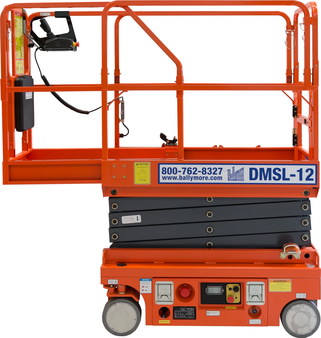 Ballymore Scissor Lift, drivable, 12 ft platform height, 22" long platform, 500 lb capacity