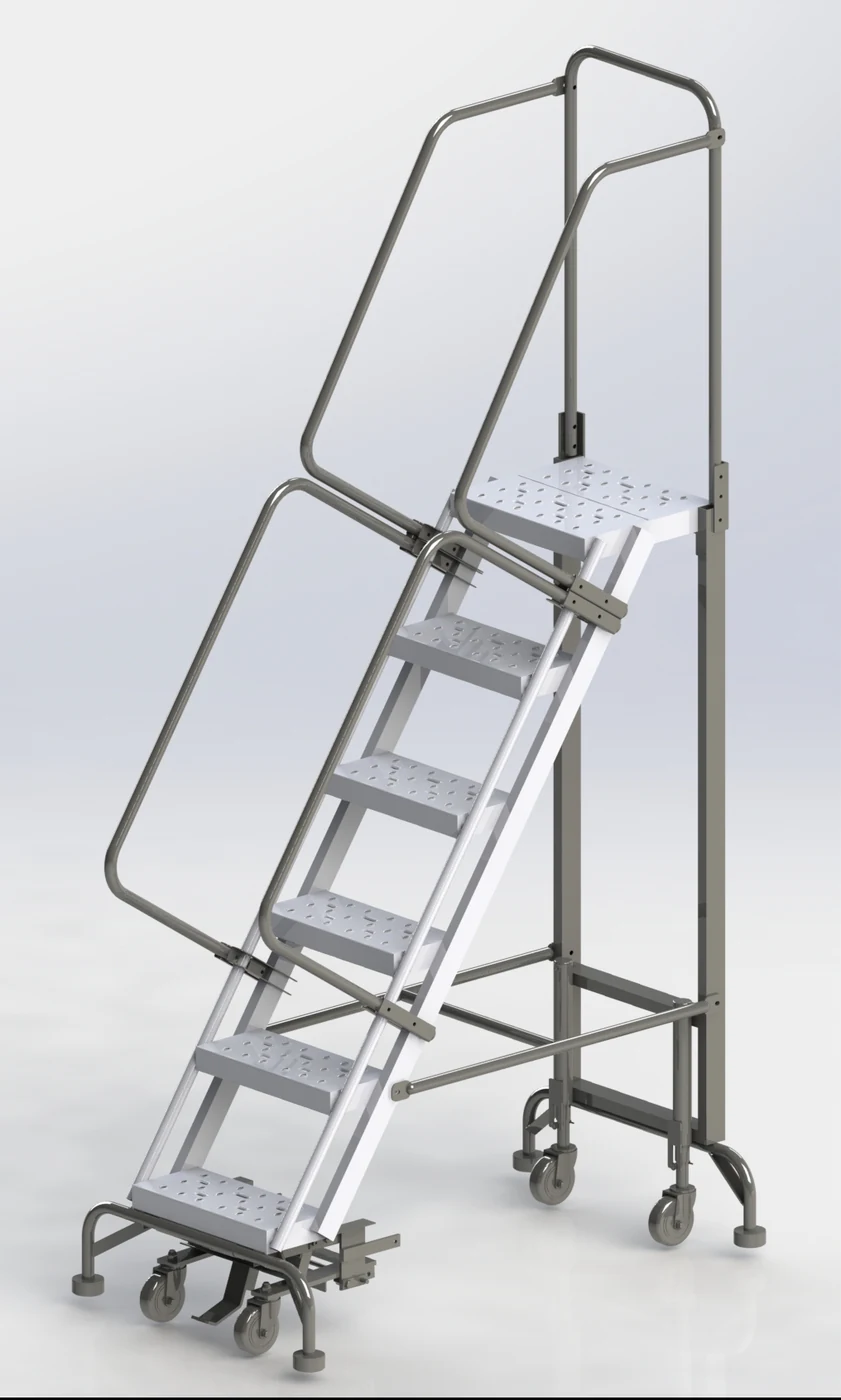 Ballymore Hybrid 6-Step Aluminum Rolling Ladder, 28" base, 14" top step, 16" wide steps, 450 lb capacity, perforated tread
