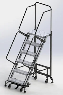 Ballymore Hybrid 6-Step Aluminum Rolling Ladder, 34" base, 14" top step, 24" wide steps, 450 lb capacity, perforated tread