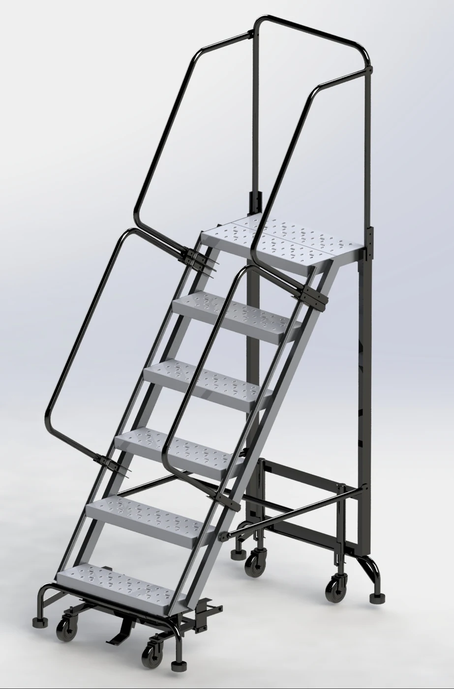 Ballymore Hybrid 6-Step Aluminum Rolling Ladder, 34" base, 14" top step, 24" wide steps, 450 lb capacity, perforated tread
