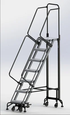 Ballymore Hybrid 7-Step Aluminum Rolling Ladder, 28" base, 14" top step, 16" wide steps, 450 lb capacity, perforated tread