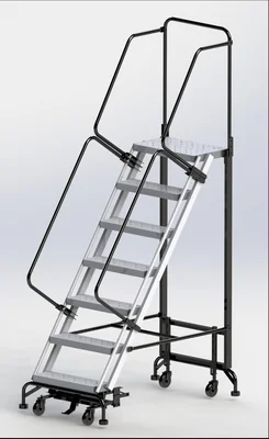 Ballymore Hybrid 7-Step Aluminum Rolling Ladder, 34" base, 14" top step, 24" wide steps, 450 lb capacity, perforated tread