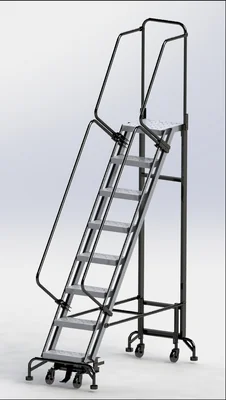 Ballymore Hybrid 8-Step Aluminum Rolling Ladder, 28" base, 14" top step, 16" wide steps, 450 lb capacity, perforated tread