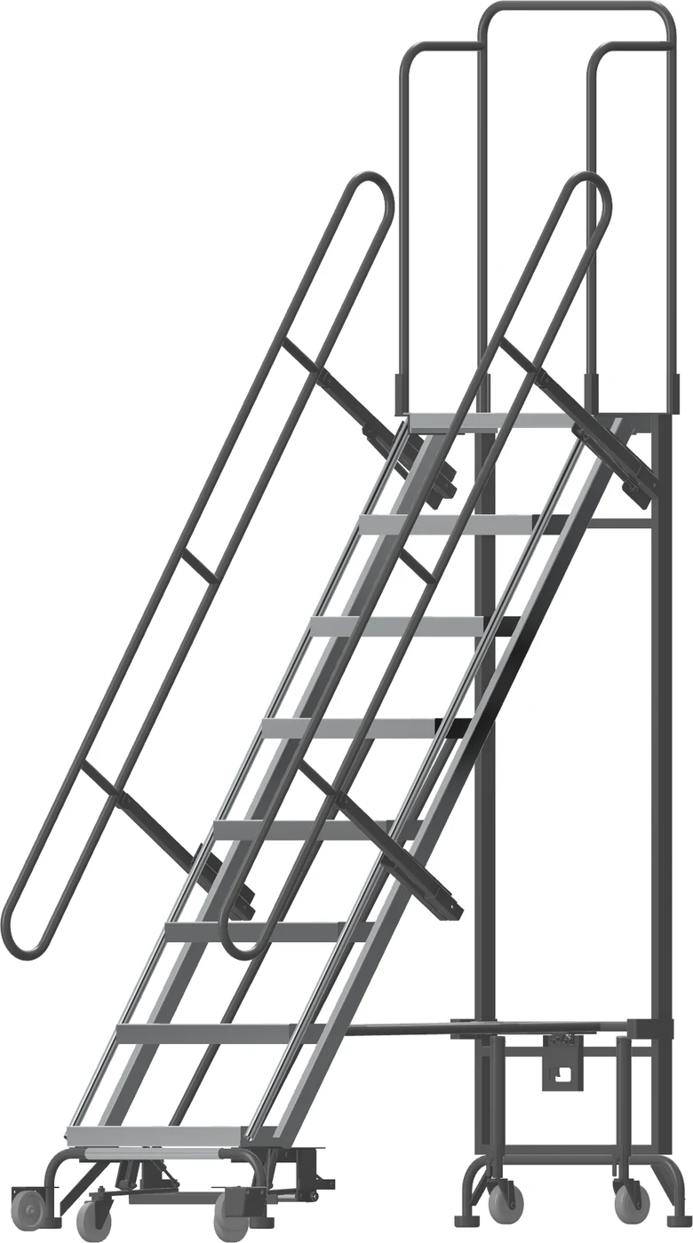 Ballymore Hybrid All-Directional 8-Step Aluminum Rolling Ladder, 34.5" base, 80" top step, 450 lb capacity, perforated tread