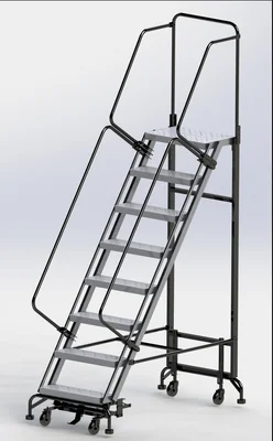 Ballymore Hybrid 8-Step Aluminum Rolling Ladder, 34" base, 14" top step, 24" wide steps, 450 lb capacity, perforated tread