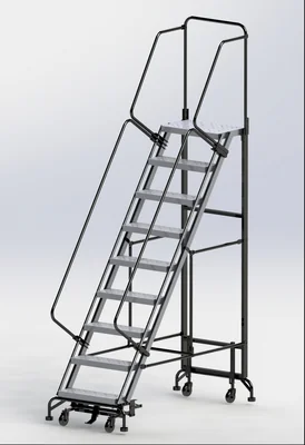 Ballymore Hybrid 9-Step Aluminum Rolling Ladder, 34" base, 14" top step, 24" wide steps, 450 lb capacity, perforated tread