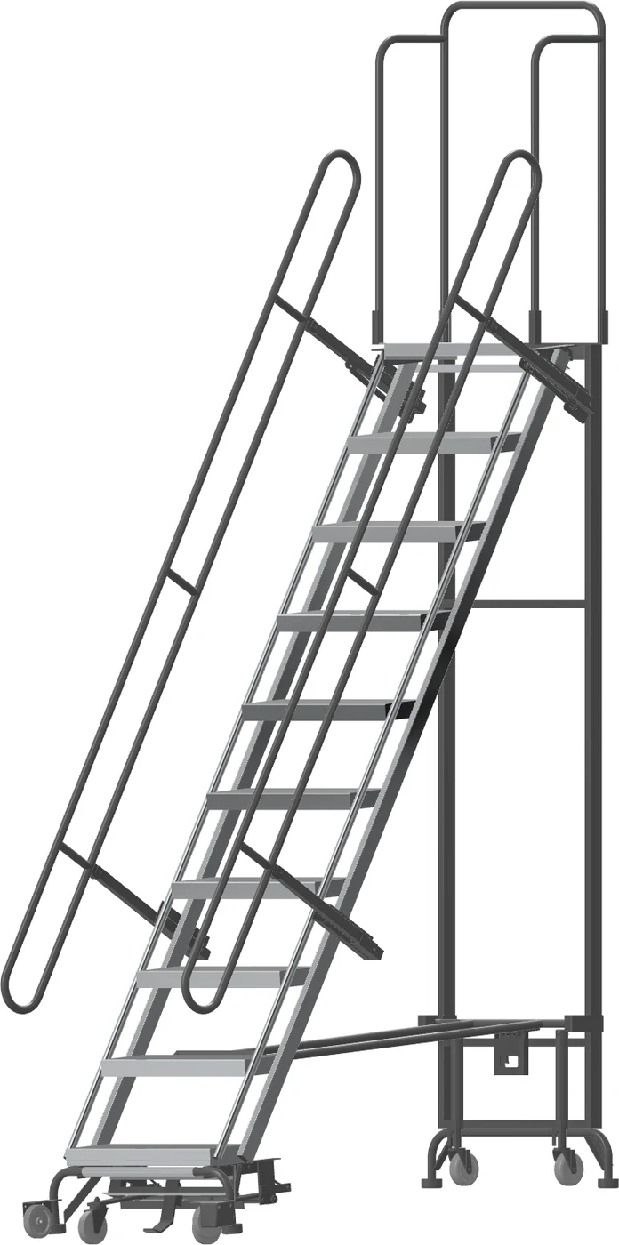 Ballymore Hybrid All-Directional 10-Step Aluminum Rolling Ladder, 34.5" base, 100" top step, 450 lb capacity, perforated tread