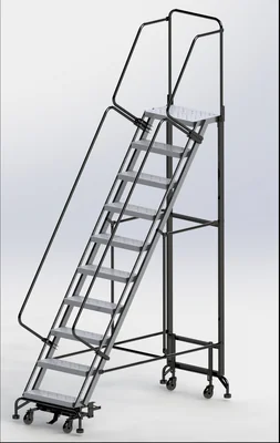 Ballymore Hybrid 10-Step Aluminum Rolling Ladder, 34" base, 14" top step, 24" wide steps, 450 lb capacity, perforated tread
