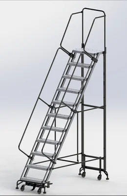 Ballymore Hybrid 11-Step Aluminum Rolling Ladder, 34" base, 14" top step, 24" wide steps, 450 lb capacity, perforated tread