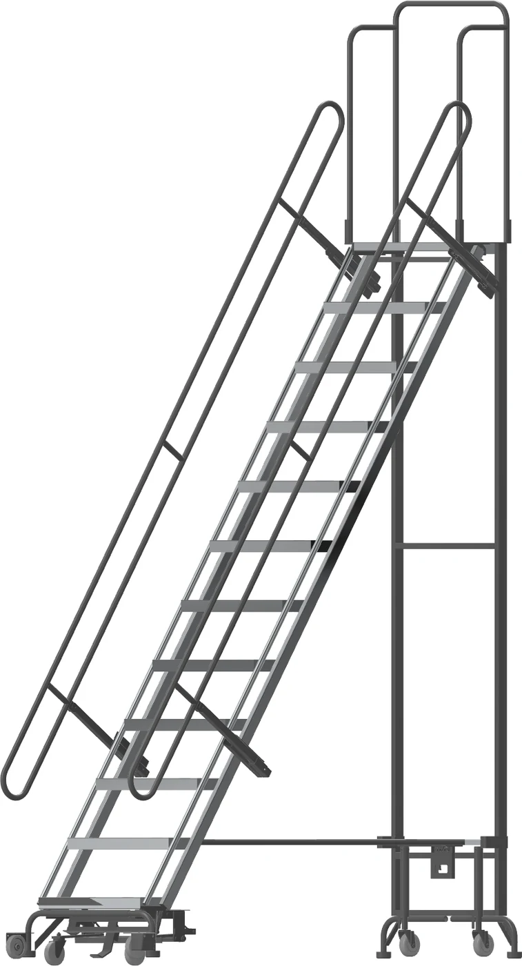 Ballymore Hybrid All-Directional 12-Step Aluminum Rolling Ladder, 34.5" base, 120" top step, 450 lb capacity, perforated tread