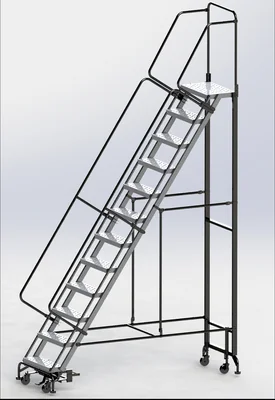 Ballymore Hybrid 12-Step Aluminum Rolling Ladder, 34" base, 14" top step, 24" wide steps, 450 lb capacity, perforated tread