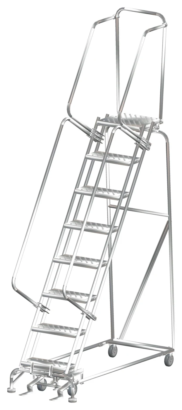 Ballymore 8-Step Stainless Steel Rolling Ladder, 24" base, 14" top step