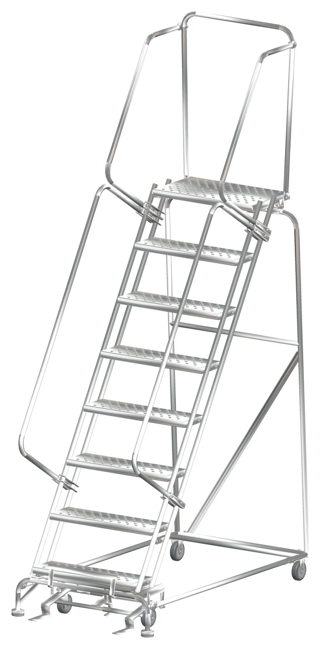 Ballymore 8-Step Stainless Steel Rolling Ladder, 32" base, 14" top step