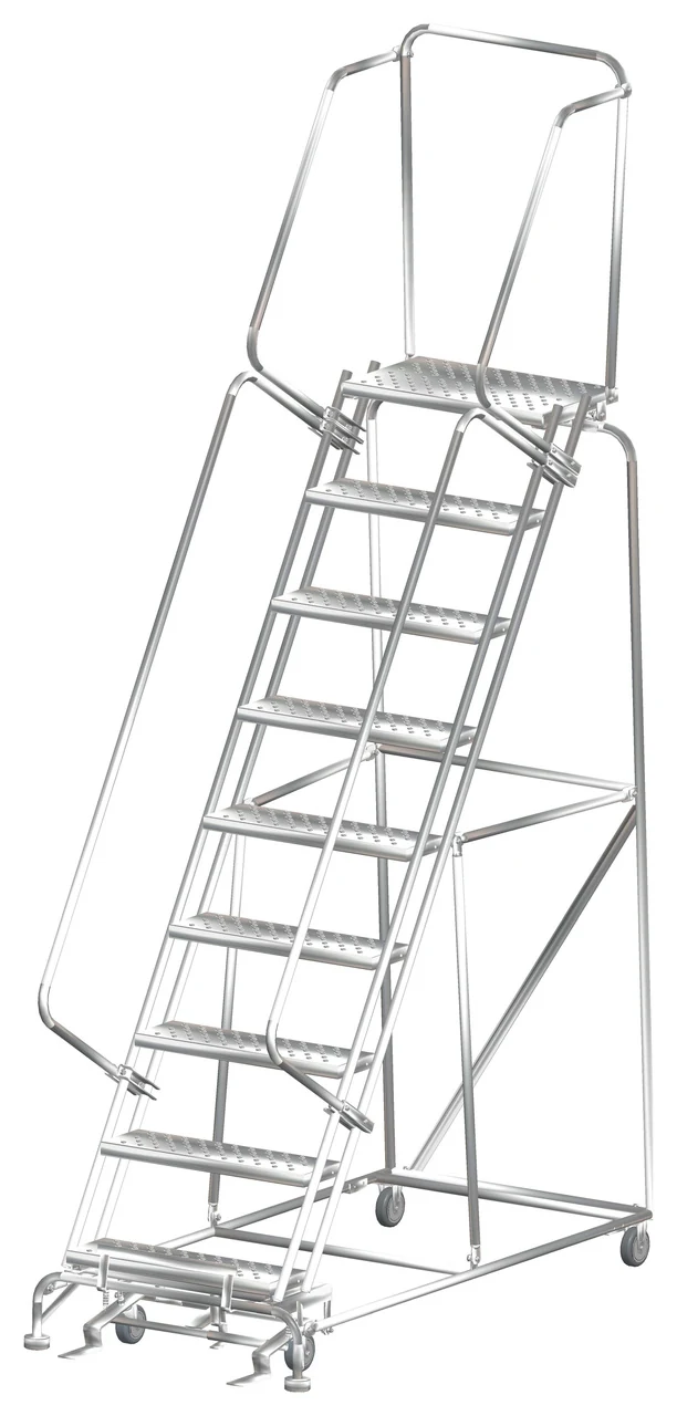 Ballymore 9-Step Stainless Steel Rolling Ladder, 32" base, 14" top step