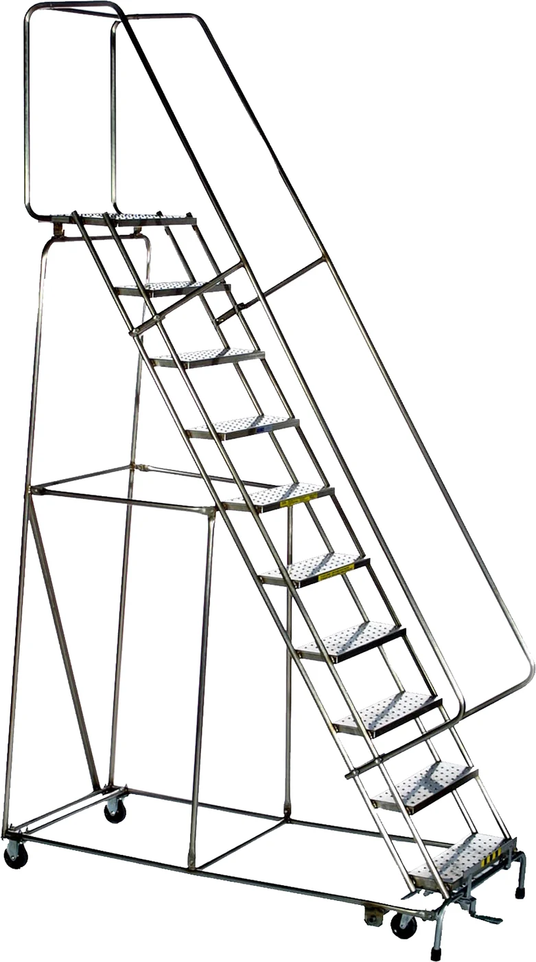 Ballymore 10-Step Stainless Steel Rolling Ladder, 32" base, 14" top step
