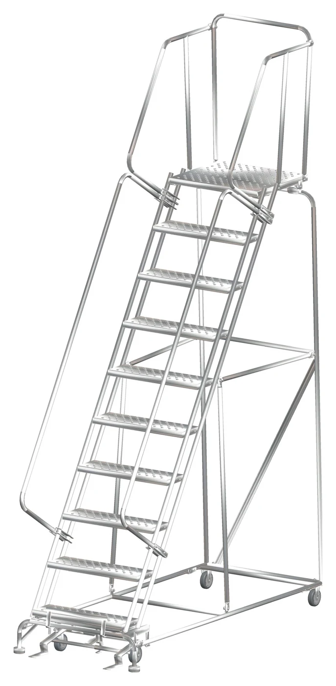 Ballymore 10-Step Stainless Steel Rolling Ladder, 32" base, 21" top step