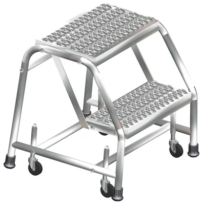 Ballymore 2-Step Stainless Steel Rolling Ladder, 20" base, 10" top step, no handrails, serrated tread