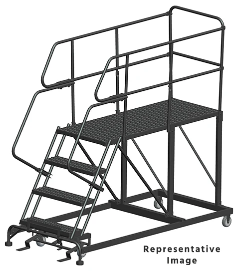 Ballymore 50° Stairway Slope 4-Step Single Entry Work Platform, 38" base, 72" long platform, with handrails, serrated tread