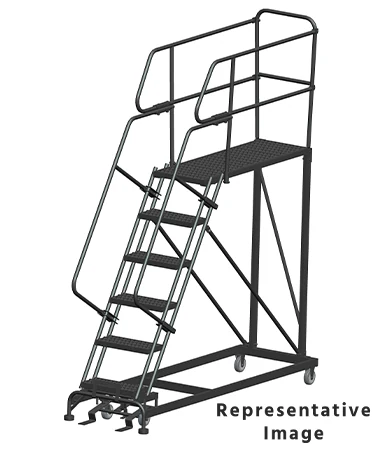 Ballymore 50° Stairway Slope 6-Step Single Entry Work Platform, 33" base, 48" long platform, with handrails, serrated tread