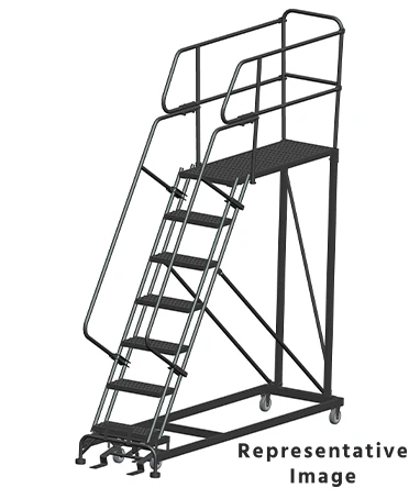 Ballymore 50° Stairway Slope 7-Step Single Entry Work Platform, 33" base, 48" long platform, with handrails, serrated tread