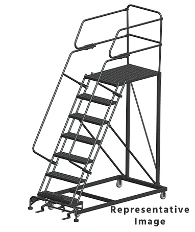 Ballymore 50° Stairway Slope 7-Step Single Entry Work Platform, 38" base, 36" long platform, with handrails, serrated tread