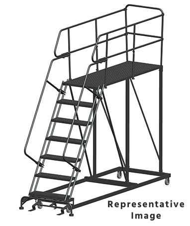 Ballymore 50° Stairway Slope 7-Step Single Entry Work Platform, 38" base, 60" long platform, with handrails, serrated tread