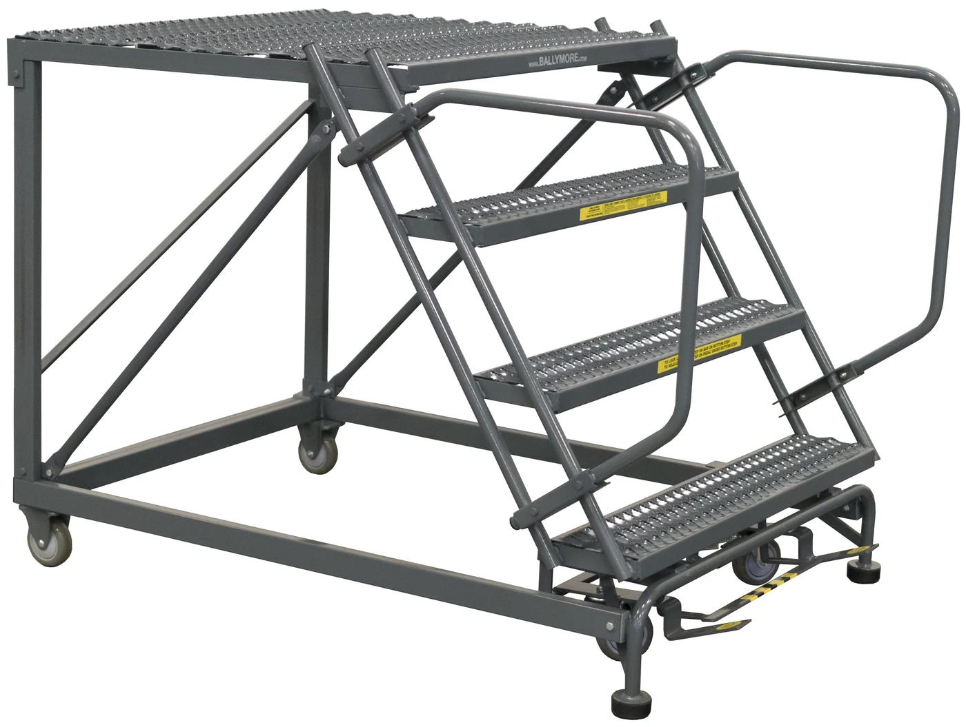 Ballymore 50° Stairway Slope 4-Step Single Entry Work Platform, 38" base, 36" long platform, no handrails, serrated tread