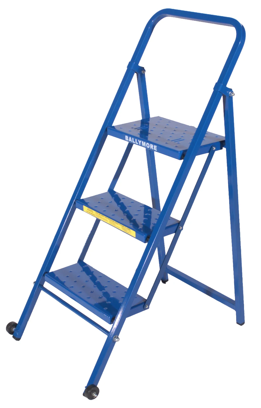Ballymore Thin Line 50° Stairway Slope 3-Step Rolling Ladder, 21" base, 10" top step, perforated tread