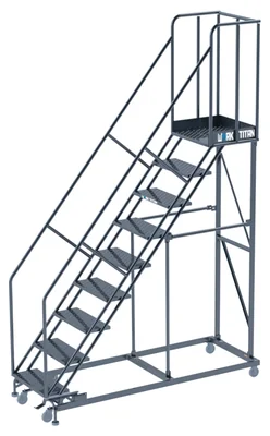 Ballymore Work Titan Heavy-Duty 9-Step Rolling Ladder, 32" base, 21" top step, 800 lb capacity, perforated tread