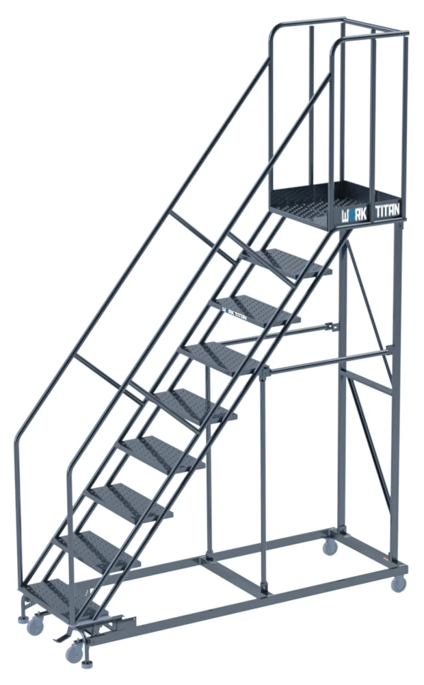 Ballymore Work Titan Heavy-Duty 9-Step Rolling Ladder, 32" base, 21" top step, 800 lb capacity, perforated tread