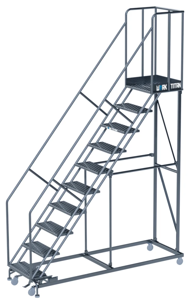 Ballymore Work Titan Heavy-Duty 10-Step Rolling Ladder, 32" base, 21" top step, 800 lb capacity, perforated tread