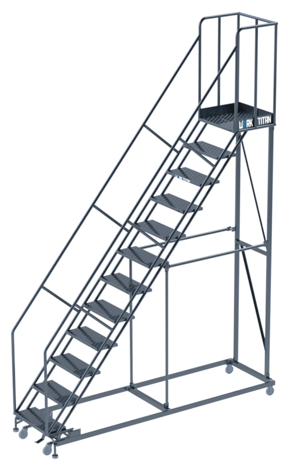 Ballymore Work Titan Heavy-Duty 12-Step Rolling Ladder, 32" base, 21" top step, 800 lb capacity, perforated tread