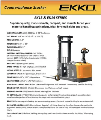 EKKO EK13 Electric Counterbalance Walkie Stacker