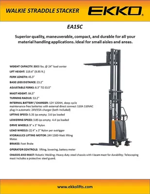 Semi-Electric Stacker EA15E, 3,300 lbs. Capacity