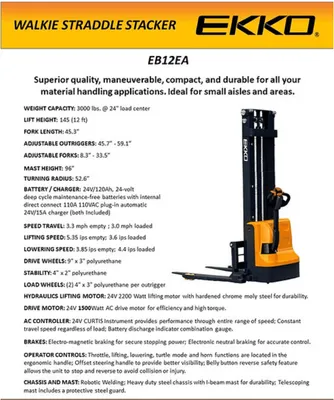 EKKO EB12EA Full Powered Straddle Stacker