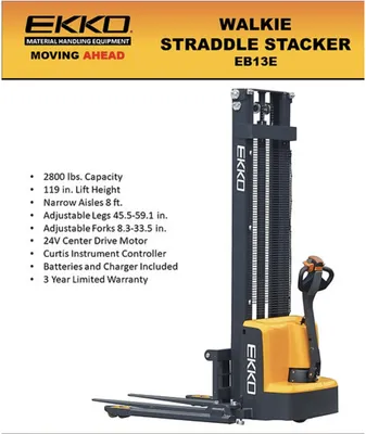 The EKKO EB13E Electric Straddle Stacker is designed with the combination of the versatility of a forklift, reach truck and a walkie stacker. It is ideal for loading and unloading trucks, loading docks, stock rooms, manufacturing floors and warehousing.      Made from high quality steel and components with durable quality drives to withstand any terrain, usage, impact and directional changes for the use of any application with confidence and assurance.         Load Capacity 2800 lb Raised Height 119” Adjustable Forks 8.3-33.5“ Adjustable Legs 45.7-59.1” Fork Length 45.3“ Curtis Instrument Controller 24V Center Drive Motor 24V Lift Motor Battery 2*12V/100Ah Polyurethane Wheels Ergonomic Handle and Controls Steel Construction Robotic Welding 3 Year Limited Warranty EKKO EB13E Full Powered Straddle Stacker