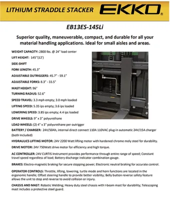 EKKO EB13ES-145Li Fully Powered Straddle Stacker