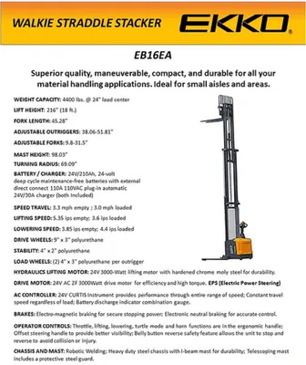 EKKO EB16EA Fully Powered Straddle Stacker