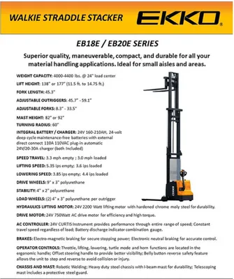 EKKO EB20E Full Powered Straddle Stacker