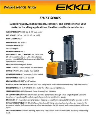EKKO EH15T Electric Moving Mast Walkie Reach Truck